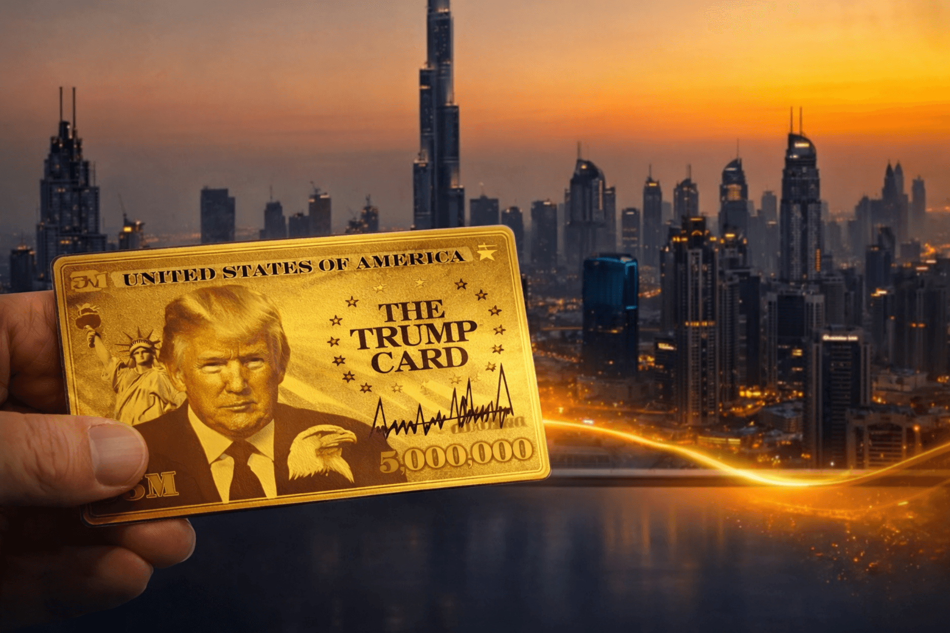 Golden visa card featuring Donald Trump held against Dubai skyline symbolising global residency, golden visa investment migration, and international wealth mobility for investors 